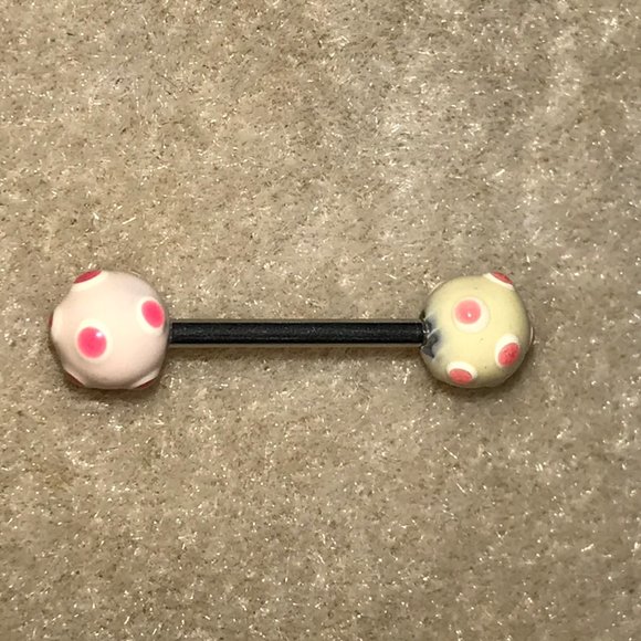14 Gauge White and Pink Polka Dot Design Tongue Ring - Picture 4 of 4
